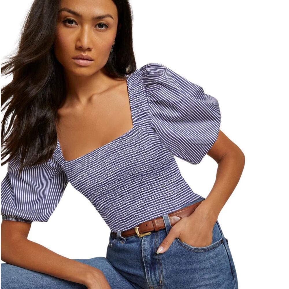 Nation LTD Samira Smocked Tee Navy Stripe Puff Sleeve Top Size Large New